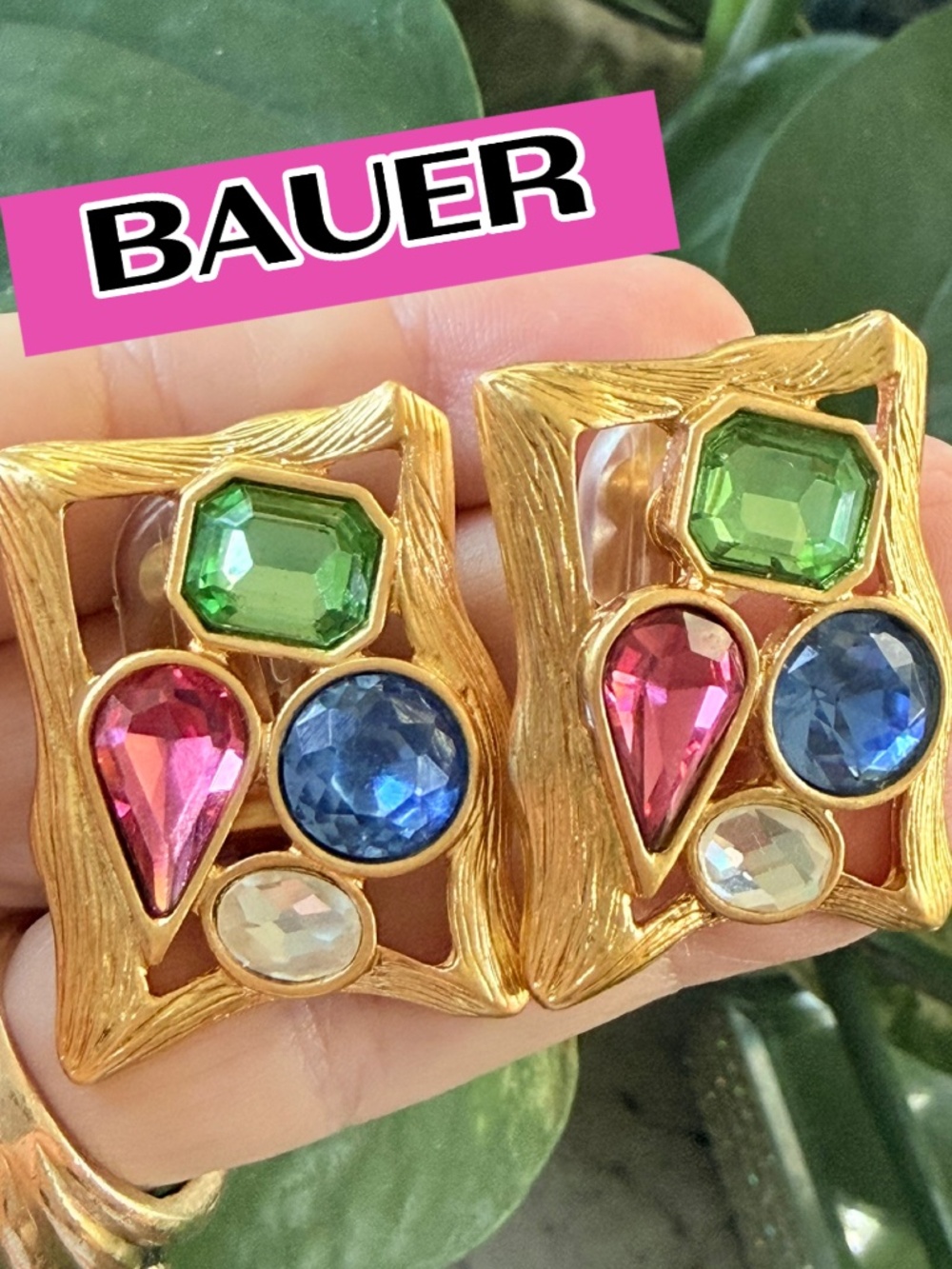 MULTI COLOR CRYSTAL EARRINGS -Signed-BAUER ✨Clip-On✨FUN CANDY CRYSTAL DESIGN ✨ - Picture 5 of 14